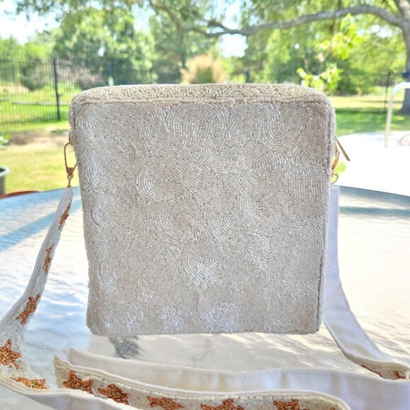 Gold Sparkle Star Seed Beaded Crossbody Box Bag with Star Strap Western Boho NEW - Picture 4 of 8